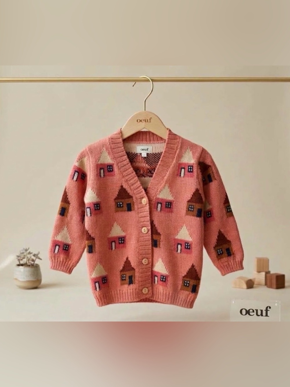 Oeuf NYC Pink House Village Intarsia Knit Cardigan Sweater Size 2-3Y 2T 3T